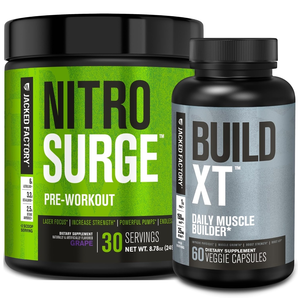 Jacked Factory Nitrosurge Predworkout v grozdu in zgraditi XT Muscle Building Bunded za moške in ženske