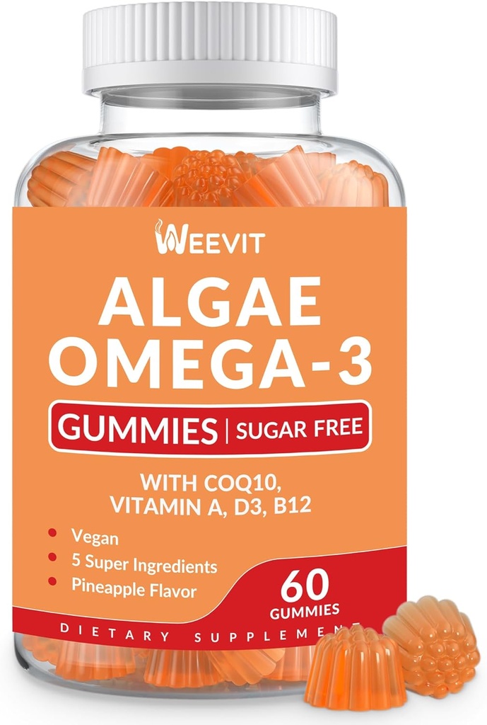 Brez sladkorja Omega 3 Gumies, Algae Omega 3 Dopolnilo za odrasle, Omega 3 DHA 240mg, EPA 110mg w/vitamin B12,CoQ10