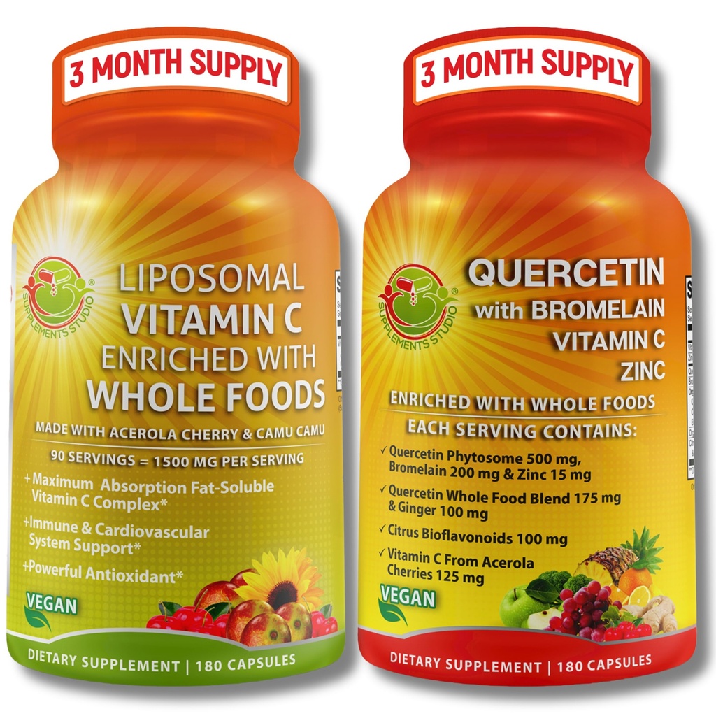 Quercetin z bromelainom, vitaminom C in cinkom + liposomski vitamin C 1500mg – Imunska podpora Bundle z organsko Acerola Cherry, Camu Camu & Citrus Bioflavanoidi – Vegan, Non-GMO, Čista wellness podpora