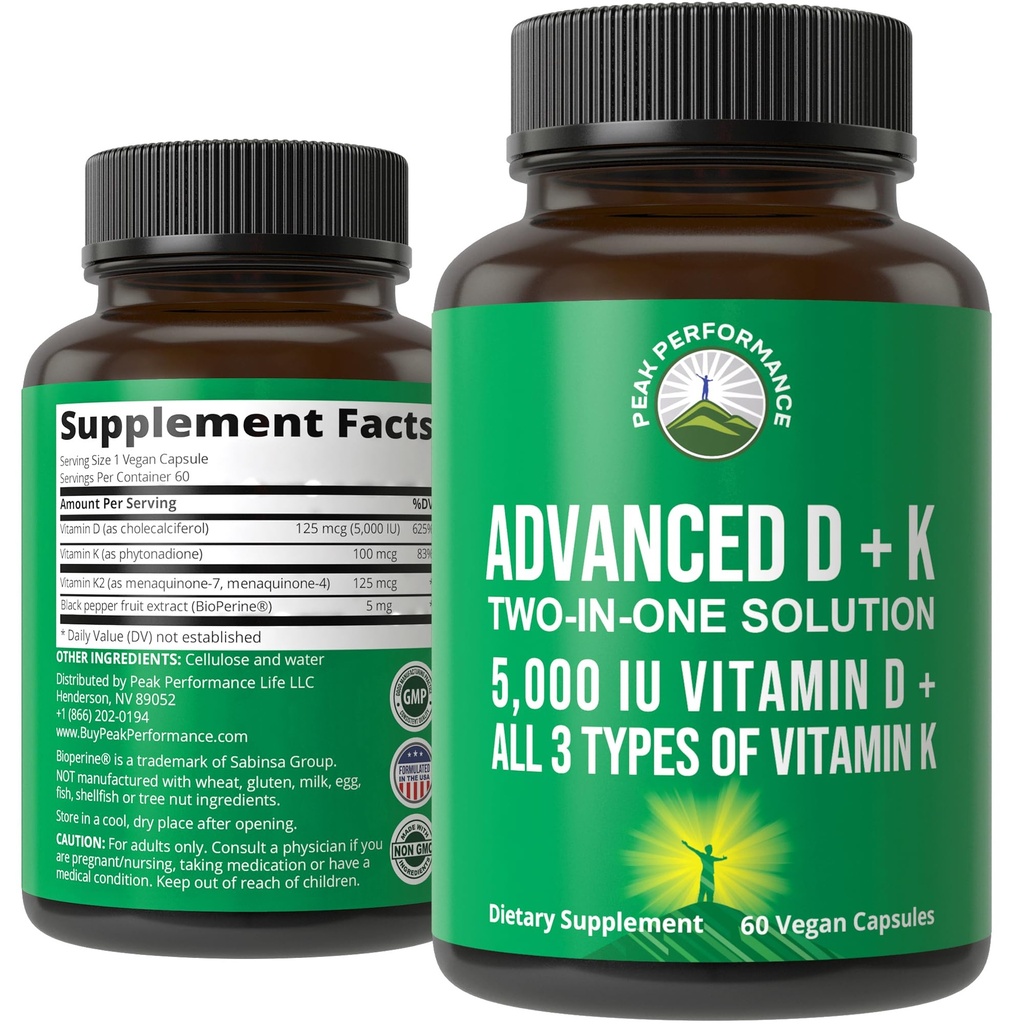 Vrhunska zmogljivost Napredni vitamin D 5000 i.e. z vsemi 3 vrstami vitamina K Vitamin D3 in vitamina K2, K1, MK-7 (MK7), MK4 dodatek - 60 majhne in enostavne tablete za pogoltniti zelenjave