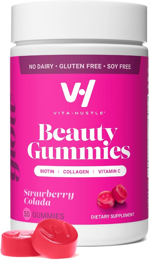 VitaHustle Beauty Gumies, 2500 μg Biotin, 100 mg kolagen, vitamin C, B-kompleks, močni lasje, kožni nohti, nizek sladkor, ne gensko spremenjeni organizmi, Jagodna Colada, 50 število