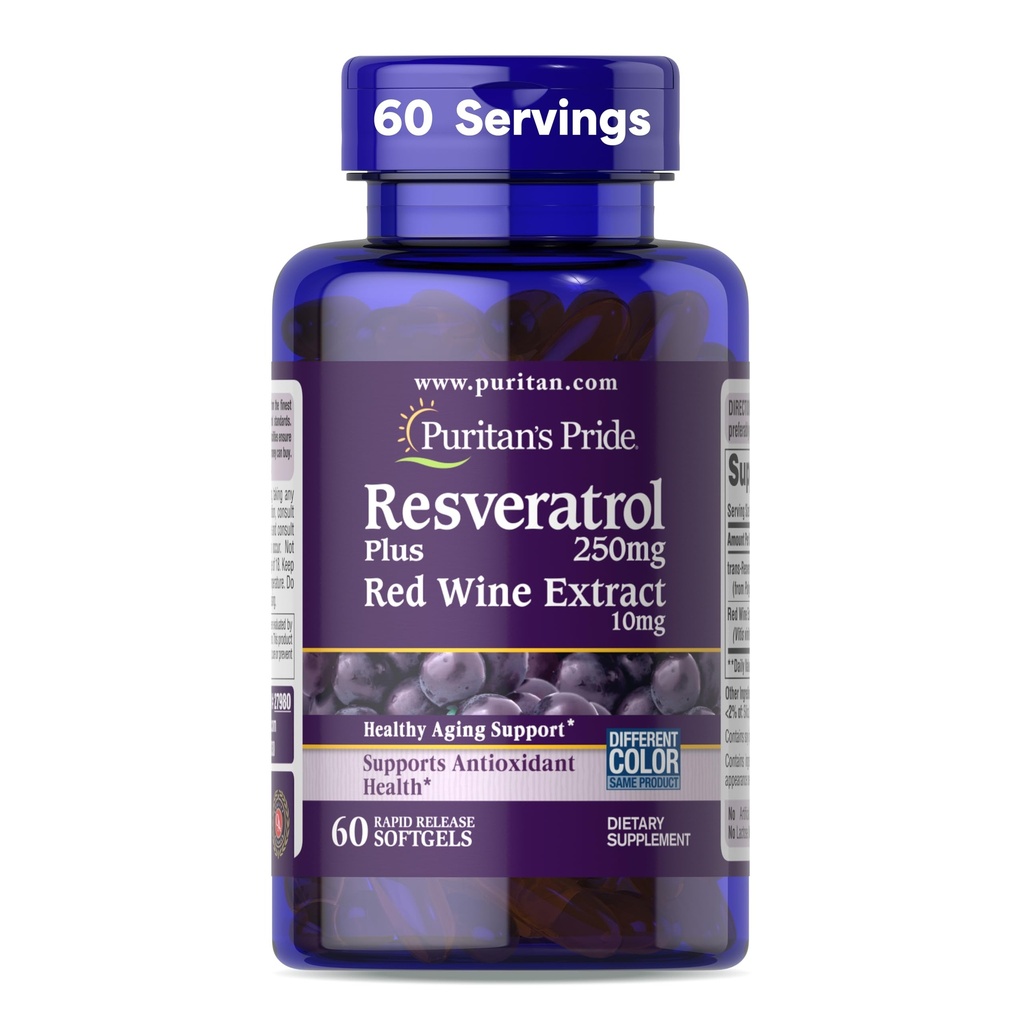 Puritan's Pride Premium Resveratrol Youth GuardTM 250mg, prehranska dopolnila za imunski sistem, antioksidant, presnova sladkorja, pretok krvi in podpora žilne funkcije, 60 Mehčalci za hitro sproščanje