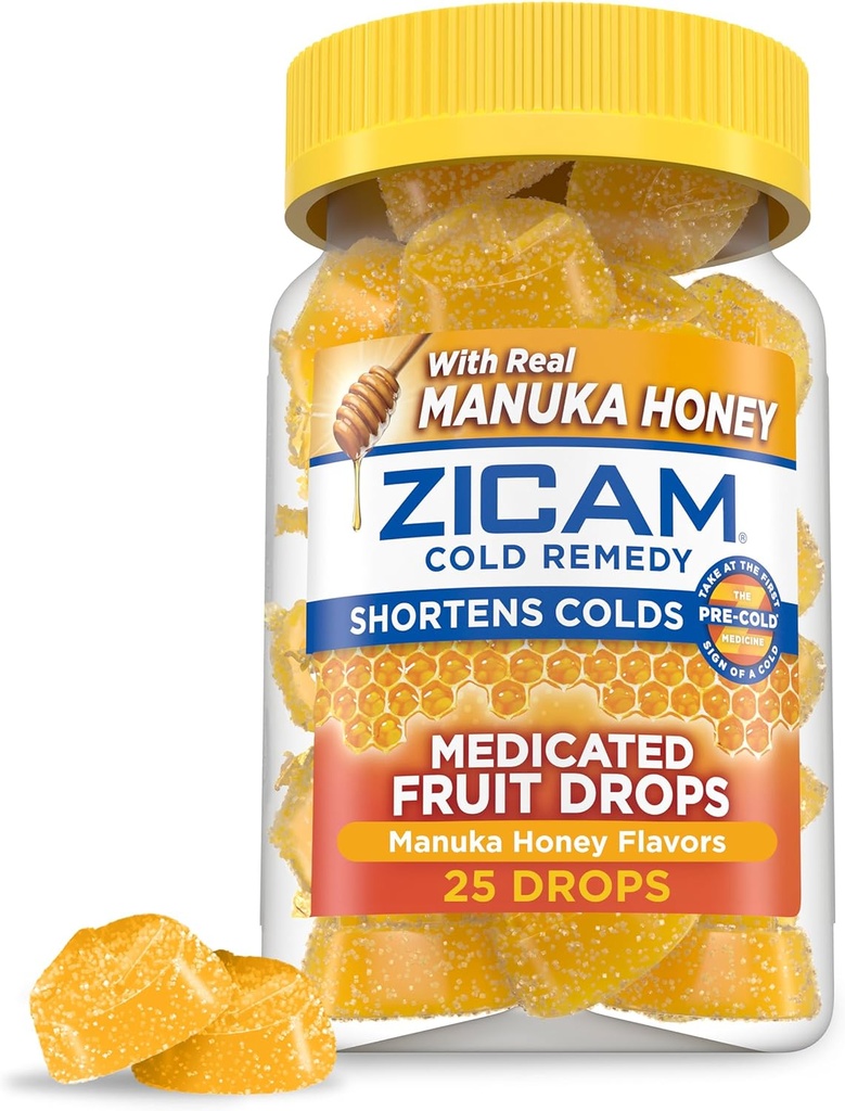 Zicam Cold Remedy Cink Medicated Sadne kapljice, Manuka Medena aroma, Homeopatska, Hladno skrajšanje Medicina, Skrajša hladno trajanje, 25 Štetje