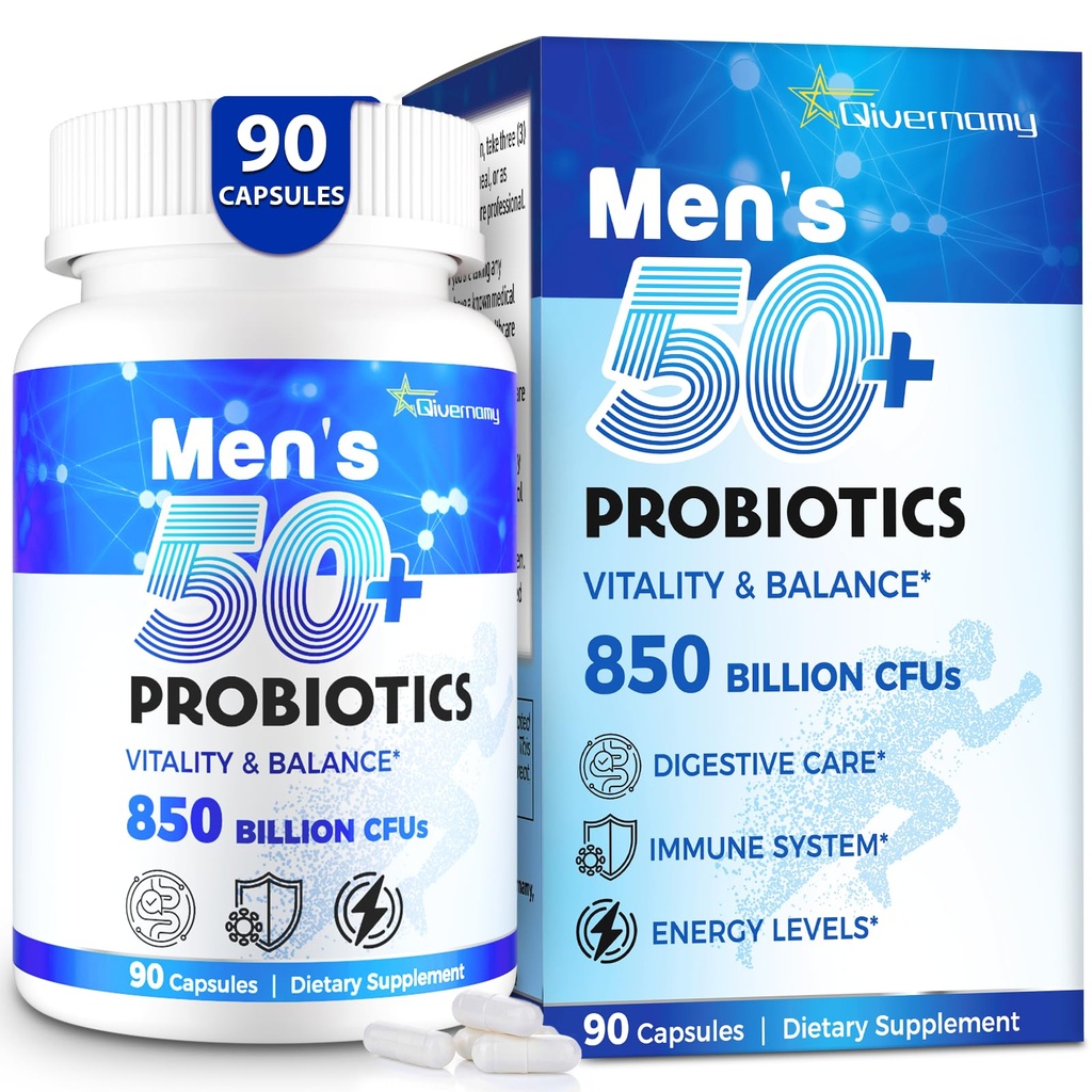 Probiotiki za moške, Advanced 50+ Moški Probiotik, Celovit Gut & Energy Support z 850 milijard CFU, 1800mg Prebiotiki Fiber – Prilagojena Wellness moški probiotiki za črevesno zdravje več kot 50, 90 Kapsula