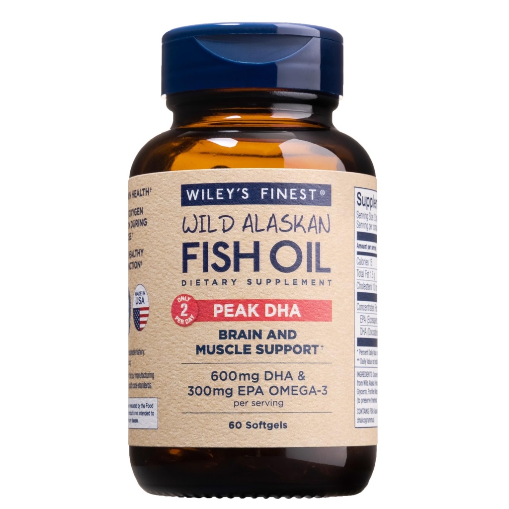 Wiley's Finest Wild Aljaska ribje olje vrh DHA - 900mg EPA in DHA Omega-3s - 60 softgels (30 strežnice)