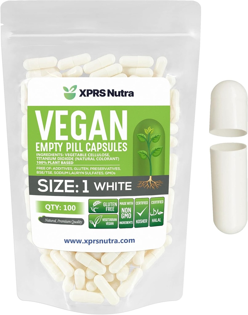 XPRS Nutra velikost 1 prazne kapsule - 100 Štetje prazne veganske kapsule - vegetarijanske tablete - DIY zelenjavne kapsule Polnjenje- Veggie tablete Kape za Do-it-Yourself dopolnila (bela)