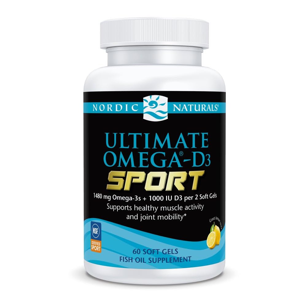 Nordic Naturals Ultimate Omega-D3 Sport, Lemon - 60 Soft Gels - 1480 mg Omega-3 + 1000 i.e. Vitamin D3 - NSF Certified - Podpira mišice, kosti, Focus & vzdržljivost - 30 Servis