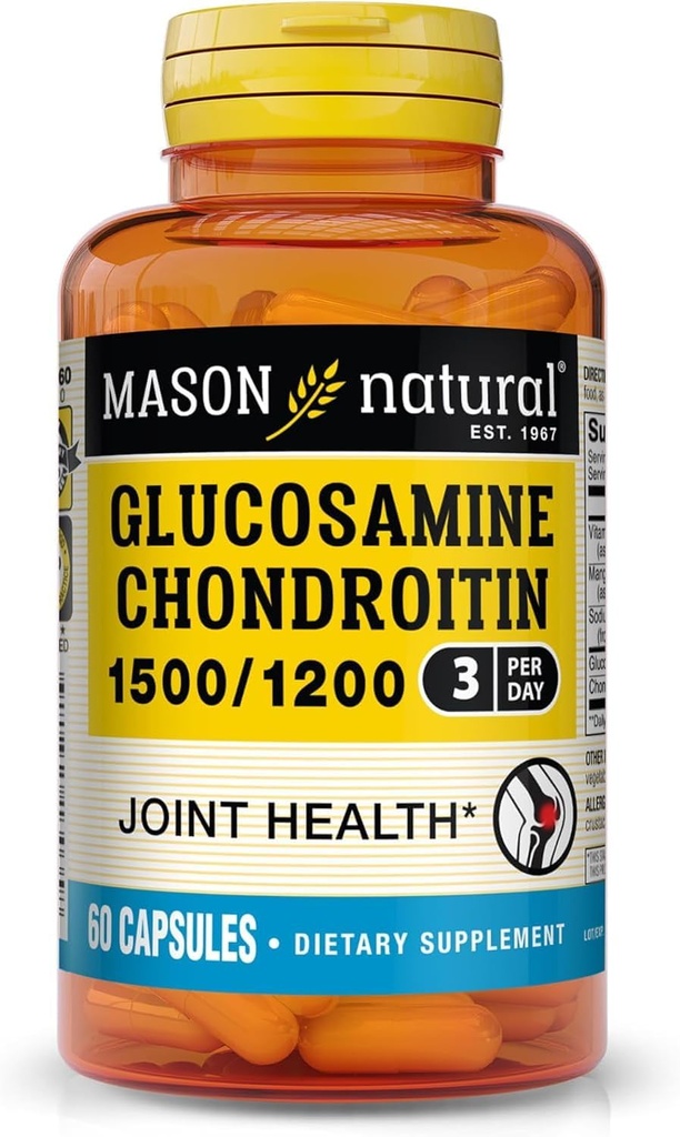 MASON NARAVNI glukozamin hondroitin 1500/1200 z vitaminom C, podpira skupno zdravje za normalno prilagodljivost in mobilnost*, 60 kapsul