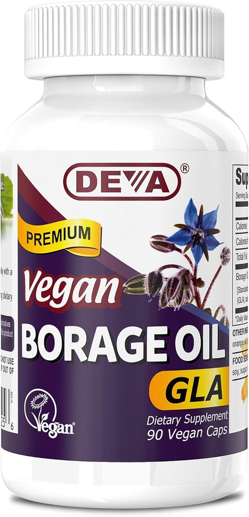 Deva Vegan Vitamini, Borage Oil 500mg, Bogat vir Omega-6 Maščobne kisline GLA (gama linolenska kislina), hladno Prezirana in nerafinirana, 90 tablet, 1-Pack