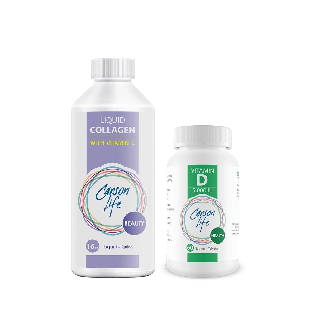 CARSON LIFE - tekoči kolagen z vitaminom C 1 steklenica, 16 Oz paket z vitaminom D dodatek 1 steklenica, 10.000 i.e., 60 Tablete za močne mišice, kosti, zobe, proti staranju, kožo in nohte las
