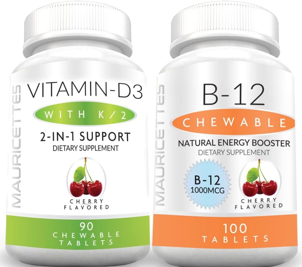 Mauricete žvečljivi vitamin D3 s K2 & žvečljivi vitamin B12 1000 μg energije in imunske podpore paket