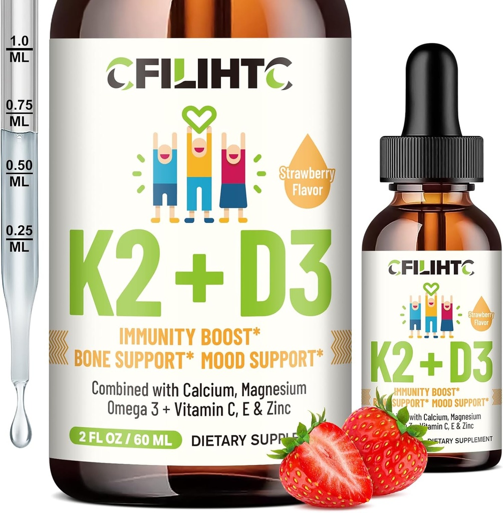 Vitamin D3 K2 Kapljice za otroke - omega 3, vitamin E, kalcij, magnezij in cink za boljšo absorpcijo - tekoči MK7 1000 i.e. D3 za zdrave kosti, podporo zobom in srcu - ne-GMO, 2 Fl Oz