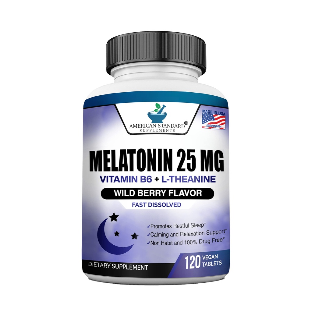 Melatonin 25mg na eno tableto, 120 Žvečljiva tableta z L-teanino in vitaminom B-6, Podpira zdravo spanje cikel , Spodbuja pomirjujoče in mirno spanje, Vegan, NON GSO, Made In USA