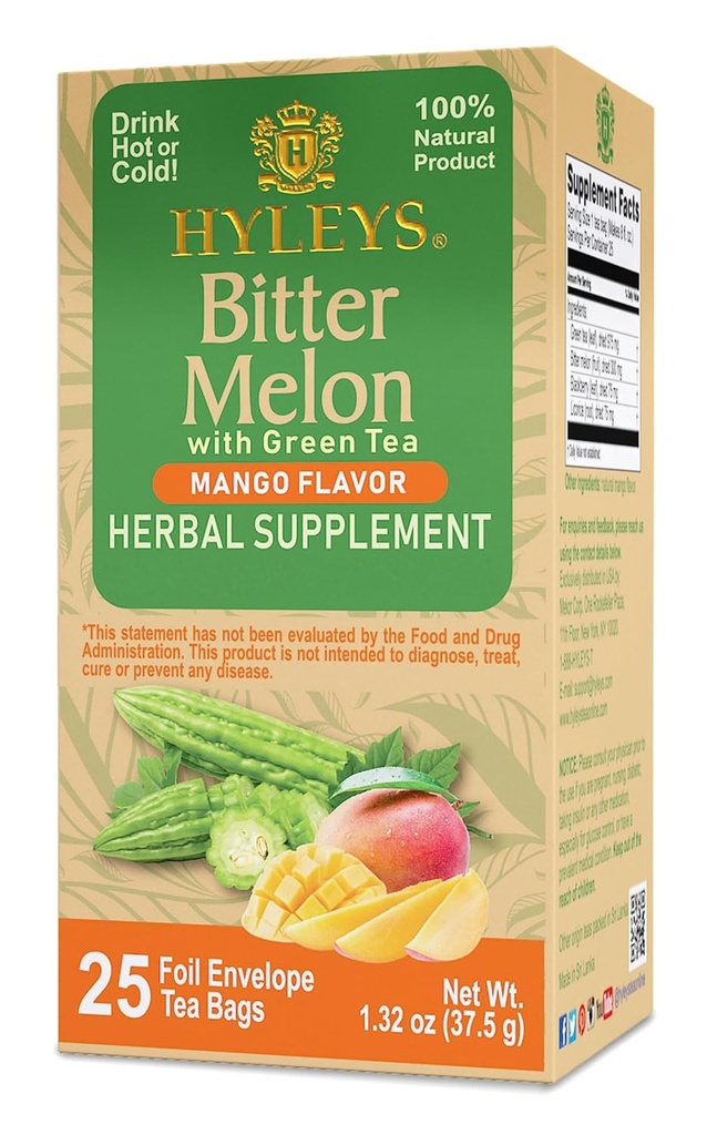 Hyleys Bitter Melon z zelenim čajem - mango aroma - 25 čajne vrečke - Podpira zdravo funkcijo jeter - Zeliščni dodatek - (6 paket - 150 čajne vrečke skupaj)