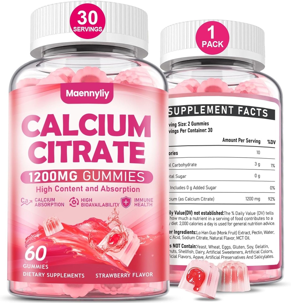 Kalcijev citrat Gumies 1200 mg za odrasle: Ultimate Absorpcija Kalcijev dodatek za ženske in moške - enostavno za prebavo, Vegan, Ne-GMO, Gluten prost - naravna jagodna aroma