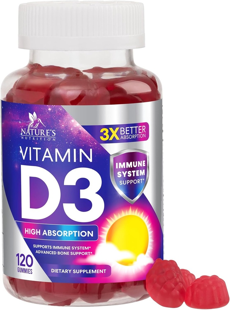 Vitamin D3 Gummy 5000 i.e. (125 μg) - dietni vitamini D dodatek za ženske in moške - kosti, zobje, mišice in imuno-zdravje, visoka jakost VIT D3 Narava je brez GMO in glutena - 120 Gumijev