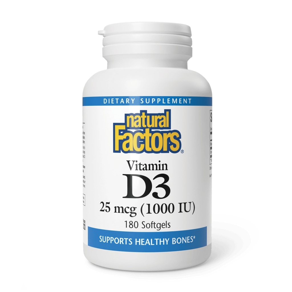 Naravni dejavniki, vitamin D3 1000 i.e. (25 μg), podpira močne kosti, mišice in imunske funkcije, 180 tablet