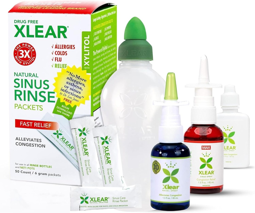 Xlear Alergy Relief Kit, All Day Alergy Rescue Kit, vključno z Xlear Nasal Spray z Xylitol, Xlear MAX Nasal Spray, Xlear Nasal Rinse Neti Pot in 50 Ponovno polnjenje paketov