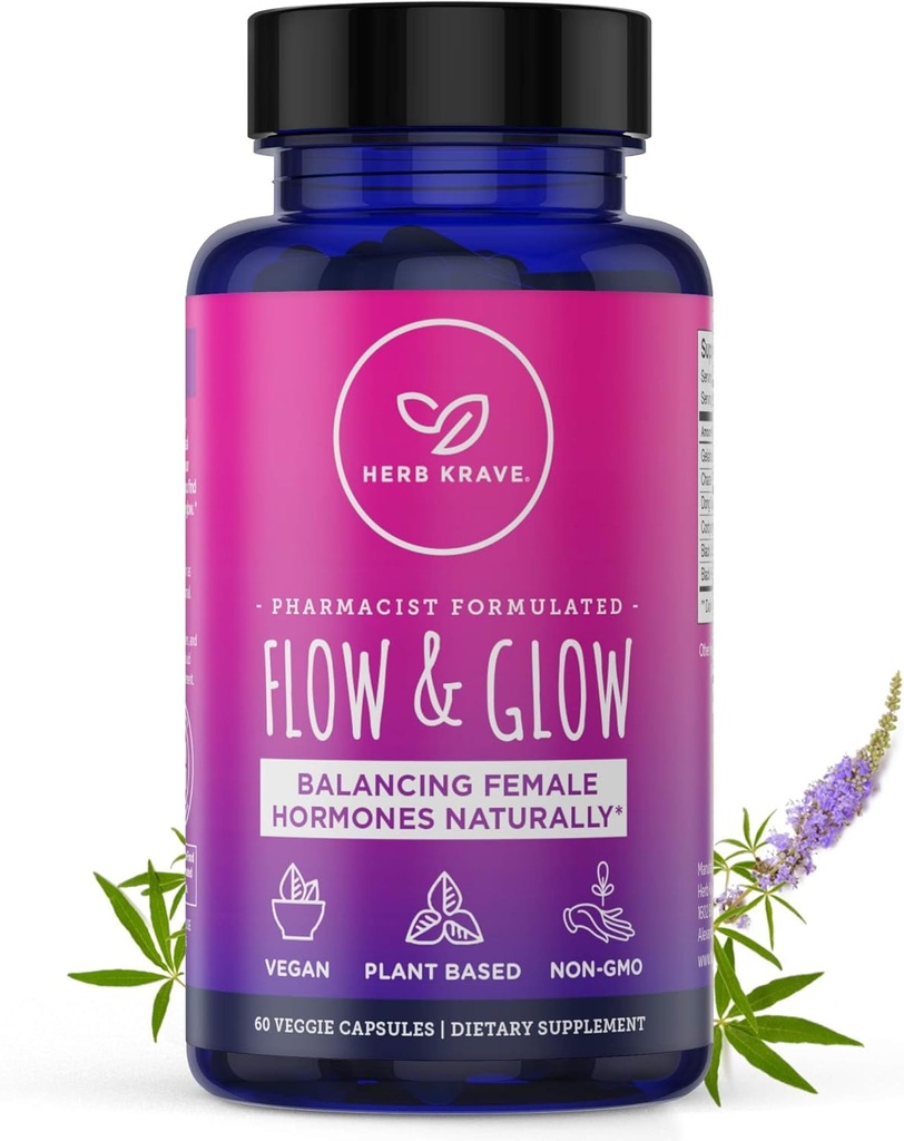 Flow and Glow Natural Hormone Balance for Women - PMS & Menopause Relief for Cramps, Mood Swings & Night Sweats with Donq Quai & Black Cohosh for Menopause - 60 Veganskih kapsul (1 pakiranje)