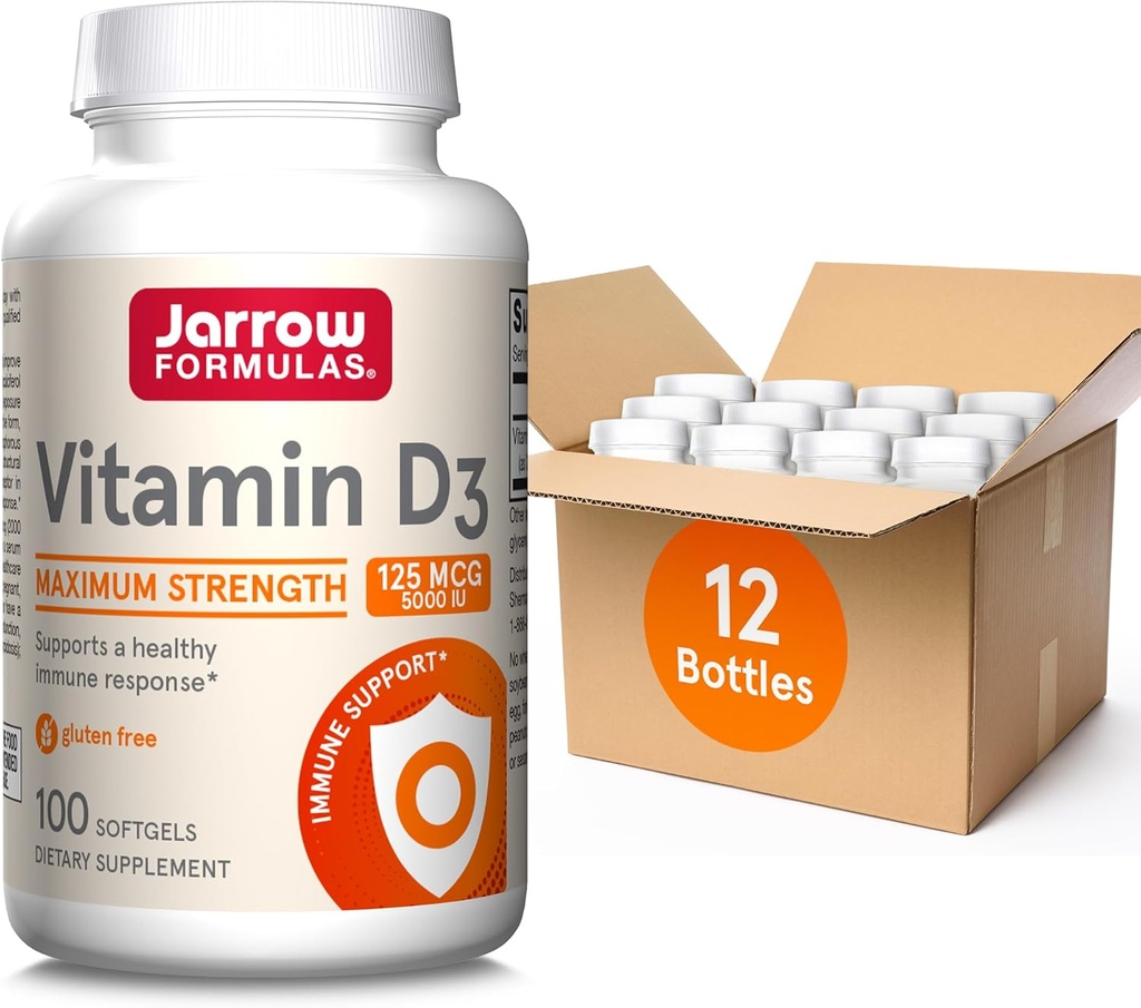 Jarrow Formulas Vitamin D3 125 μg (5000 i. e.) - 100 Servingov (softgels) - Zdravje kosti, Imunska podpora in kalcijeva presnova Podpora - Vitamin D dodatek - D3 Vitamini - 5000 i. e. Vitamin D (Pack of 12)