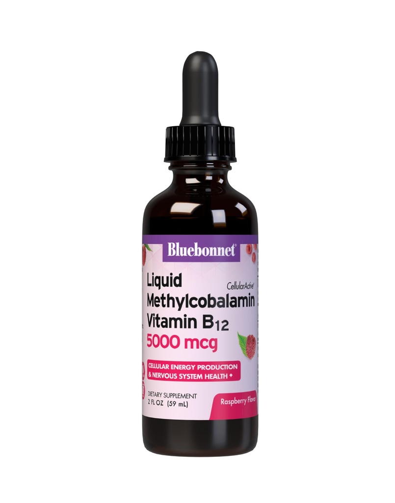 Bluebonnet Tekoči metilkobalamin Vitamin B12 5000 mcg Aktivni koencim Oblika vitamina B 12 Tekočih kapljic Energijski dodatek za ženske & moške - Vegan, Gluten-free - Malina Okus - 2 Fl Oz
