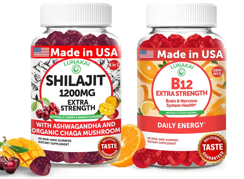Lunakai USA Made Shilajit & B12 Extra Strength Gummies Bundle – Energija, fokus in Daily Wellness – Vegan & Delicious