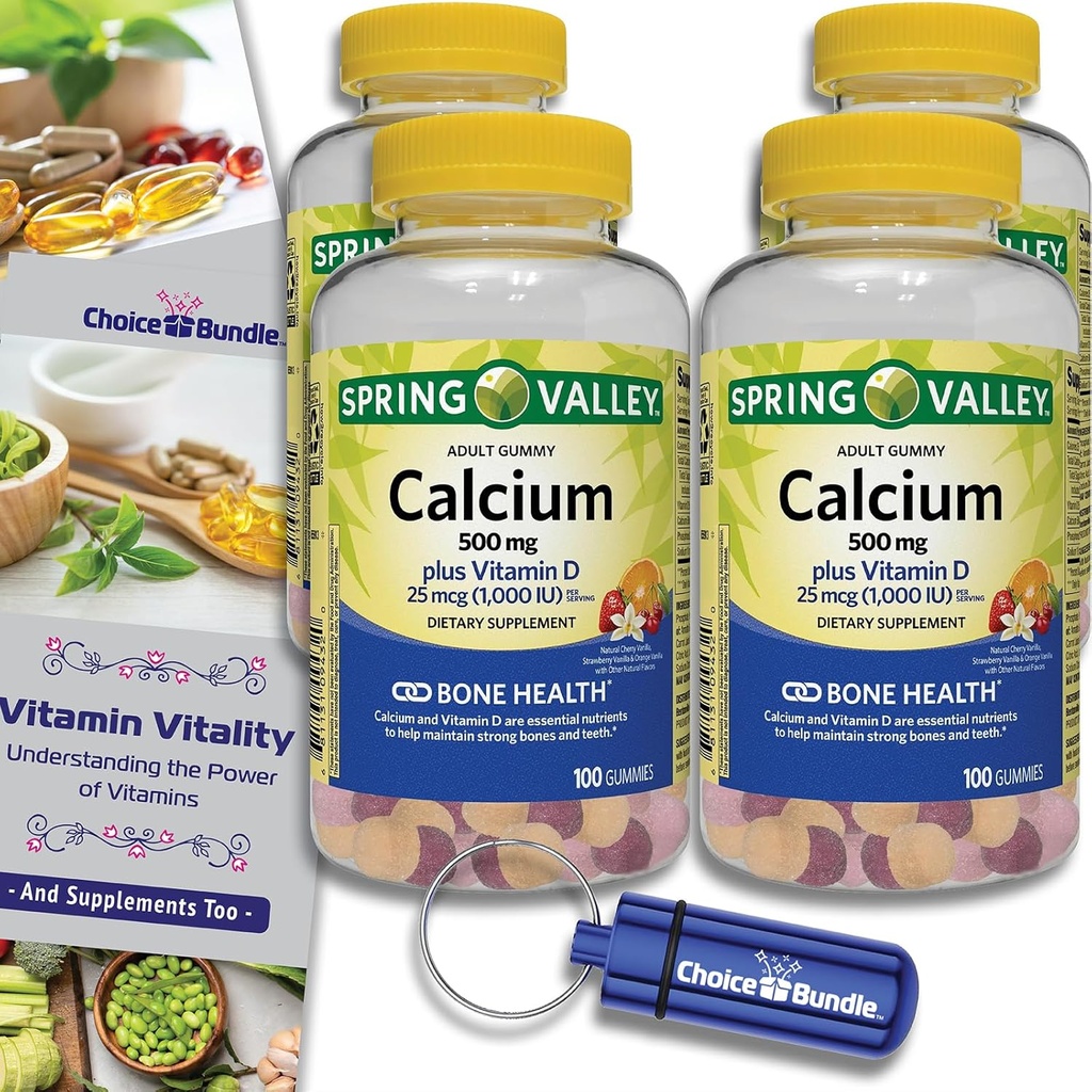Choice Bunde Spring Valley Calcium 500 mg Plus Vitamin D 25 mcg Bone Health Supplement Gummies, 100 Ct 4 pk (400 skupaj) + Vitamin Guide and Pill Container (6 izdelkov)!