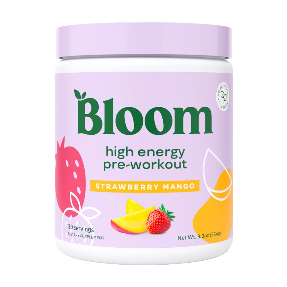 Bloom Nutrition High Energy Predworkout z Beta Alanine, Ginseng in L Tirozin za Amino energijo, Naravni kofein v prahu iz ekstrakta zelenega čaja, Keto, Sugar Free Drink Mix, Jagodni mango