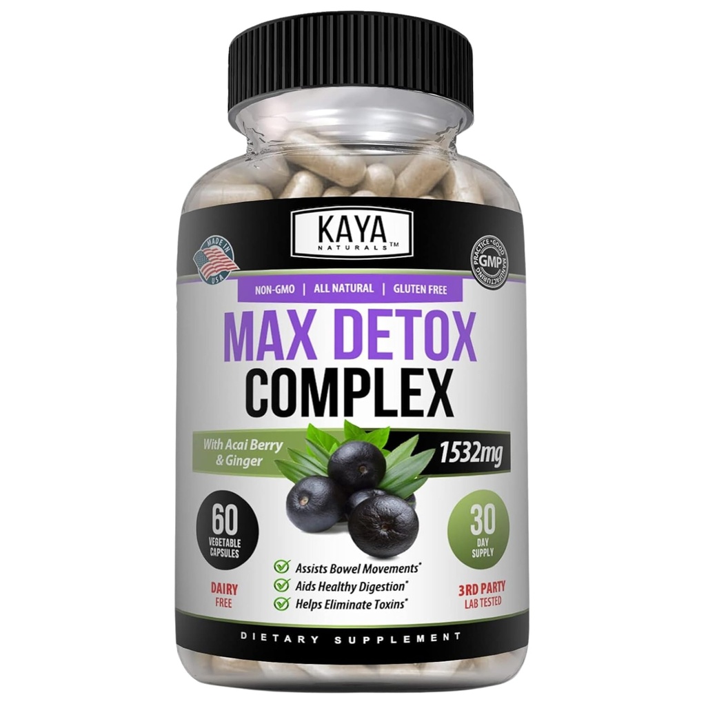 Kaja Naturals Max Detox Zeliščni dodatek - naravne sestavine 1532 mg - Psylium v prahu, Acai Berry Extract, Ginger Root 60 Count