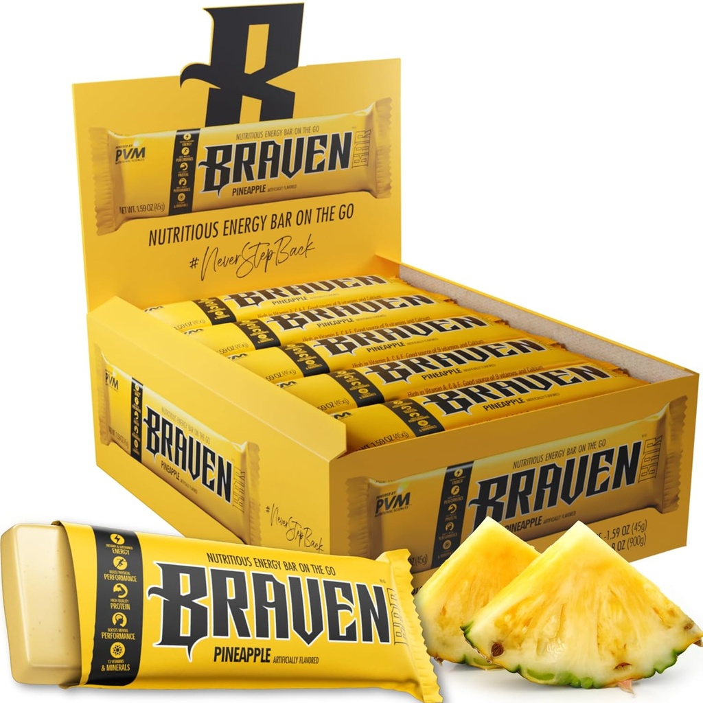Braven Bar Pineapple Energy Bars (1.59 oz, paket 20) – Energijski žveči s 5g proteini – On-the-Go Energy Prigrizki za tek, pohodništvo in šport - Gluten brezplačni prigrizki za trajno povečanje energije