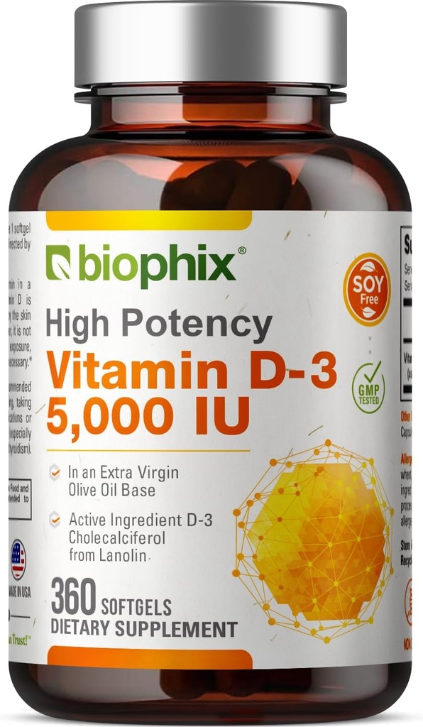 biophix vitamin D-3 5000 i.e. 360 softgels - visoka učinkovitost pri ekstra deviškem olivnem olju Non-GMO Soy-free podpira imuno zdravje močnih kosti