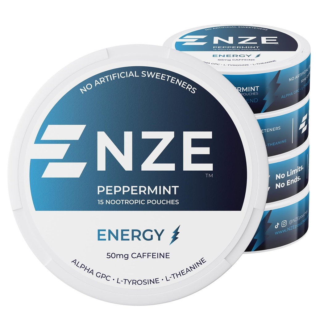 NZE Coffeine Nootropic Pouches (Peppermint) - Energijske vrečke s 50 mg kofeina, Alpha GPC, L-tirozina in L-teanina brez sladkorja ali umetnih sladil - 15 Nikotinskih prostih vrečk na pločevinko - 5 pakiranj