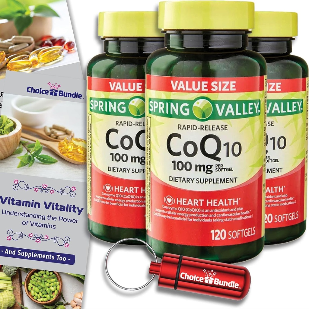 Choice Bundle Spring Valley Hitro sproščanje CoQ10 Koencim Q10 100 mg Softgels 120 CT 3 pk (360 skupaj) + Vitamin Guide & Pill Container (5 izdelkov)!