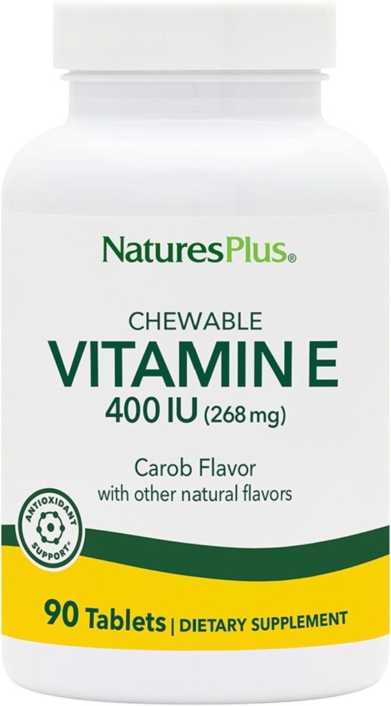 NaturesPlus Vitamin E Žvečljiv - 400 iu, 90 Vegetarijanske tablete - Naravni Carob Flavor - Zdrava kardiovaskularna funkcija, Brezplačna obramba in splošno dobro počutje - Gluten-free - 90 Servinges