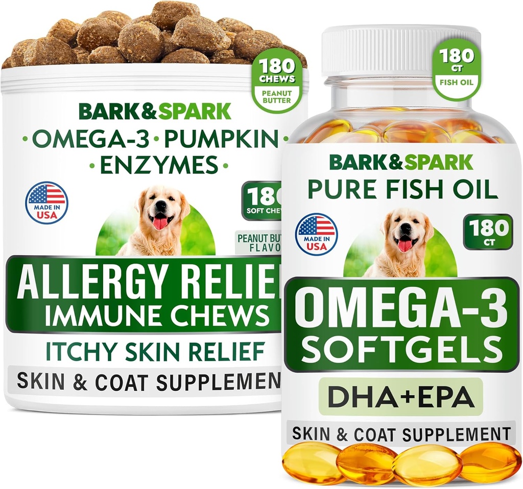 Alergija Relief + Omega 3 Bundle - Anti-Itch Skin&Coat dodatek + Alergija kože - Omega 3 ribje olje + EPA & DHA Maščobne kisline - Srbečica & Paw Licking + Skupno zdravje - 180 Chews + 180 Softgels - Made in USA