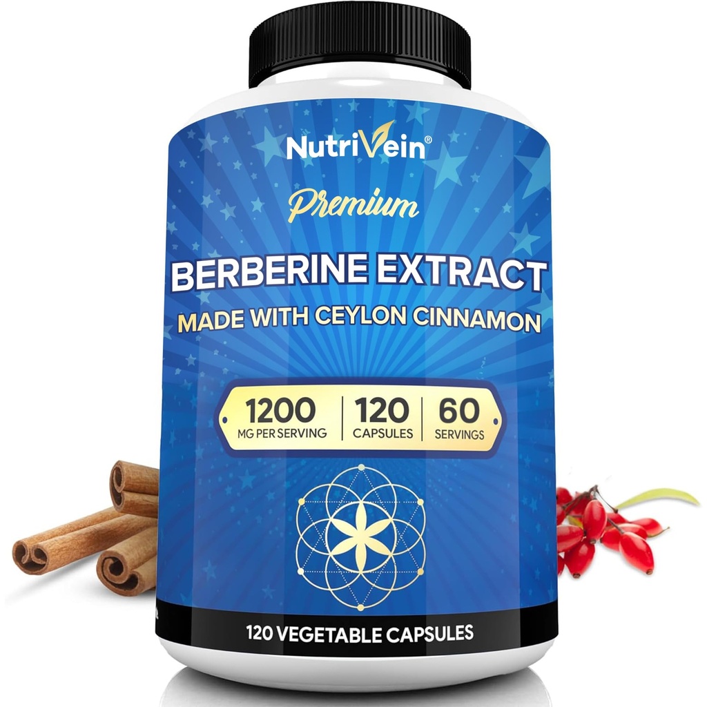 Nutrivein Premium Berberine HCL 1200 mg s Cinnamonom - 120 kapsul: visokoabsorpcijski Berberin dodatek za obrambo, prebavo in presnovo