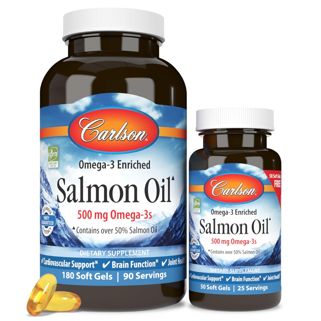 Carlson - Norveška Salmon Oil, 500 mg Omega-3, Norveška Salmon Oil dopolnilo, Wild Caught Omega 3 Salmon Oil Kapsule, Trajno izvorno, Možgani, Srce in skupno zdravje, 180+50 Softgels