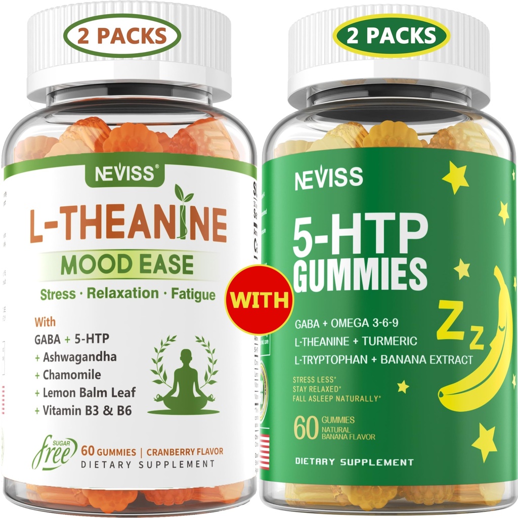 NEVISS brez sladkorja L-teanine Calm Gumies 120 števk + brez sladkorja 5-HTP Gumies 120 števk