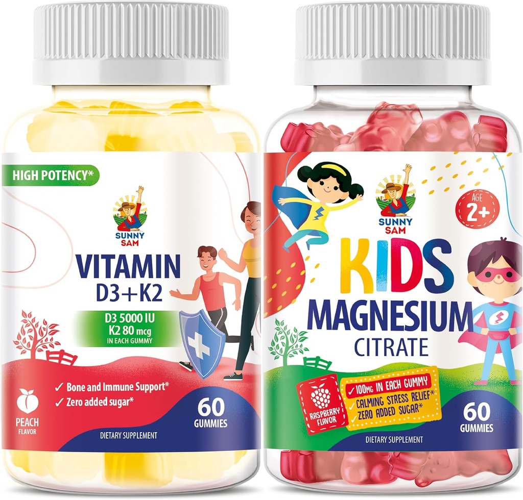 SUNNY SAM Vitamin D3 K2 Gummies 5000 i.e. & Magnezij Gummies za otroke Citrat Žvečljivi dodatek za Mood & Mišična podpora