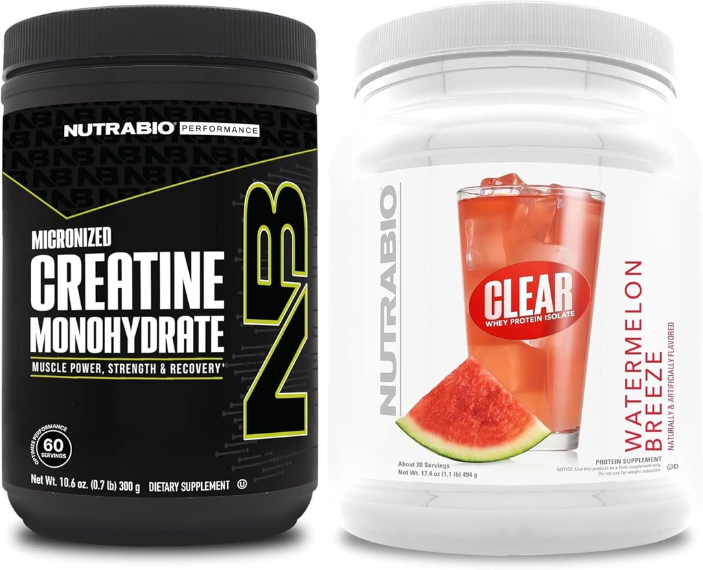 NutraBio Kreatin Monohidrat, nearomatiziran, (300 g) in čisti izolat sirotkinih beljakovin, (Watermelon Breeze) dodatek – mišična energija, največja rast, regeneracija in moč