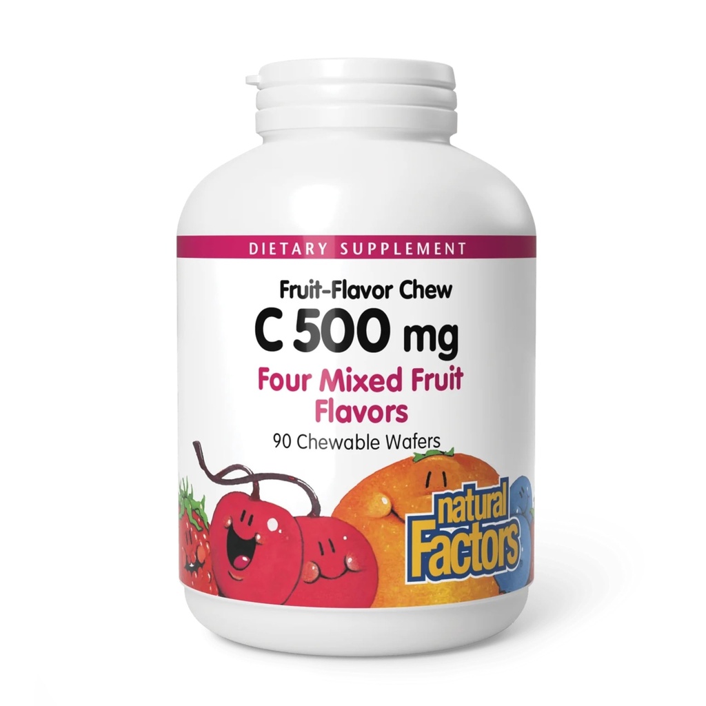 Naravni dejavniki, otroci žvečljivi Vitamin C 500 mg, Podpira Imunsko zdravje, Kosti, Zobje in Gumi, Mešano sadje, 90 Vaflji