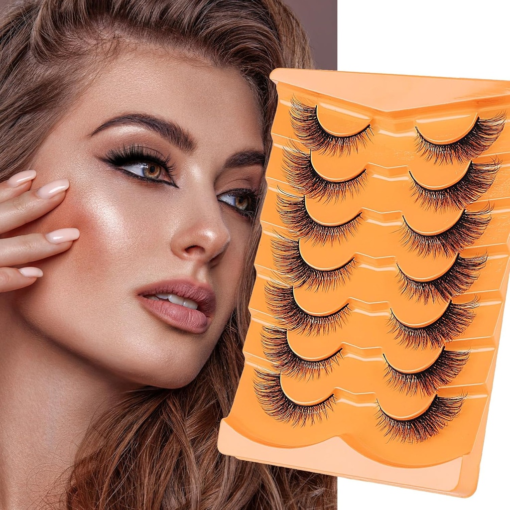 Rahlo lisičje oči, svetle lažne trepalnice D Curl Mink Lashes Fluffy False Lashes Naravni videz Mačje oči Lashes Strip Pack 7 Pari, Črna