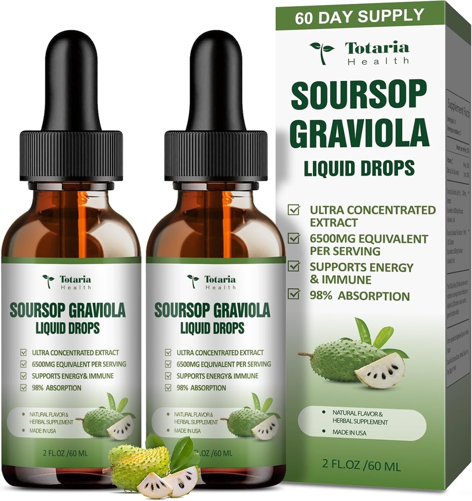 (2 paketa) Pure Soursop Graviola Tekoča kapljica Podpora Prebavne kože Zdravje, Spanje & Antioksidant - Guanabana Oil Organic Leaf Natančno Soursop Bitters Tekoče kapljice, Naravni okus, Non-GMO, Vegan, 4 Fl Oz