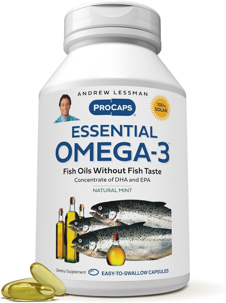 ANDREW LESSMAN Essential Omega-3 Mint - 600 Softgels - Ultra-Pure, Omega-3 Oils. Visoka DHA, brez želodčne vstaje, brez onesnaževalcev, brez živega srebra. Majhen, enostaven za požiranje softgels