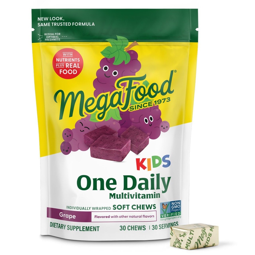MegaFood Kids One Daily Multivitaminski Soft Chews - Otroci Vitamini z vitaminom B, Vitamin C, Vitamin D & Vitamin E - Starost 4+, Vegetarian, Made With 9 Food Alergens - Grozdni okus - 30 Chews
