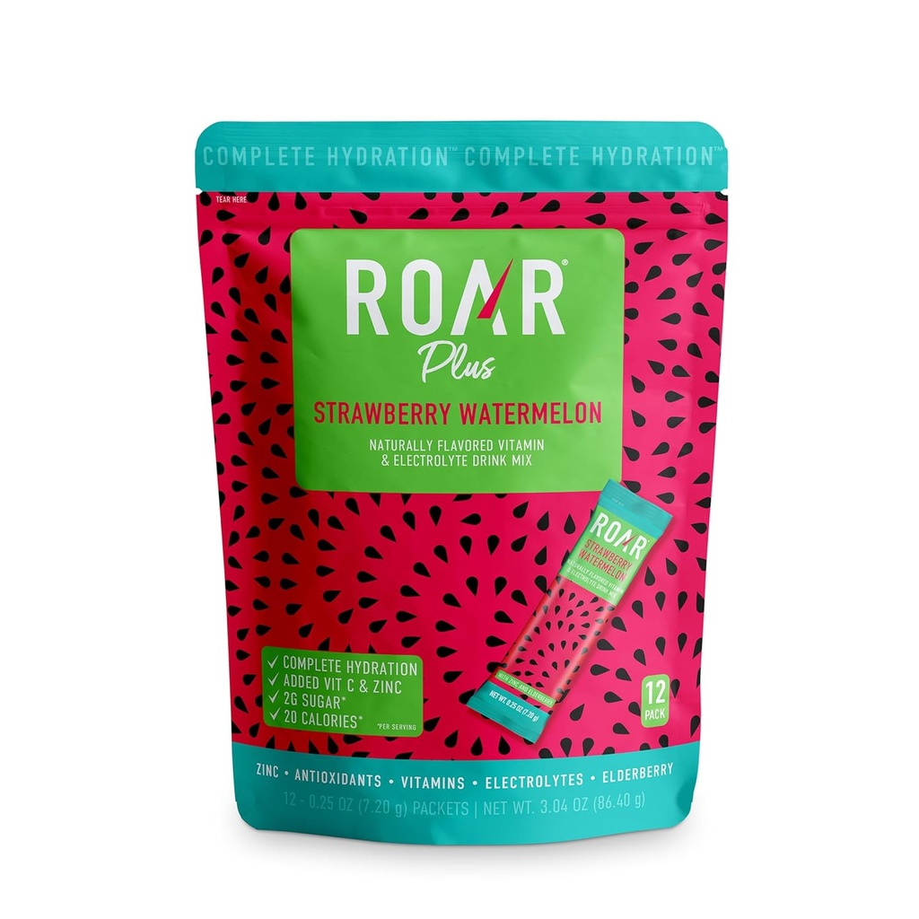 Roar Complete Hydration Powder Plus - Hydration Packets with Cink and Elderberry - Elektrolitis Powder No GSO, Gluten Free - Tropical Twist - 12 kosov