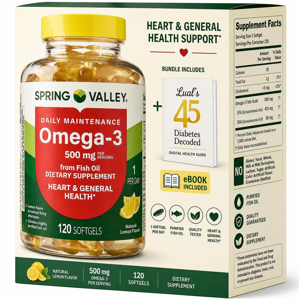 Spring Valley Omega-3 iz ribjega olja 500 mg Število 120, SoftGels, Splošno & Heart Health Dietary dopolnilo z Luall je 45 Sladkorna dekodirana