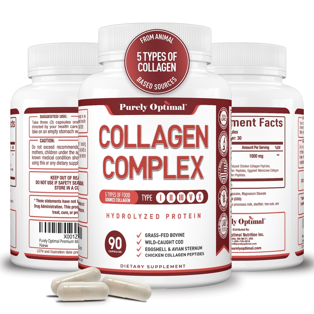 Čisto Optimal Premium Multi Colagen Peptides Kapsule (tipi I, II, III, V, X) - Lasje, kože in nohti, Prebavne in skupne zdravstvene dopolnilo, hidrolizirane tablete Colagen (90 kapsul)