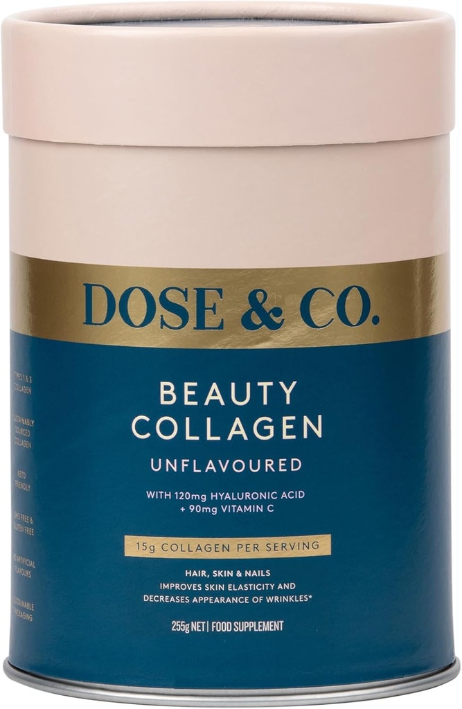 DOSE & CO. Beauty Collagen s hialuronsko kislino in vitaminom C za lase, kožo in nohte, unflavored - 9oz Powder dodatek