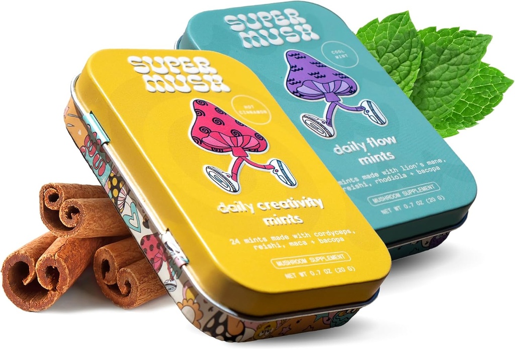 SuperMush Daily SuppleMint - 2 Flow & Focus Mints + 2 Ustvarjalnost in povezava Mints - metin za gobe - Levi Mane, Cordyceps, in Reishi mešane gobe